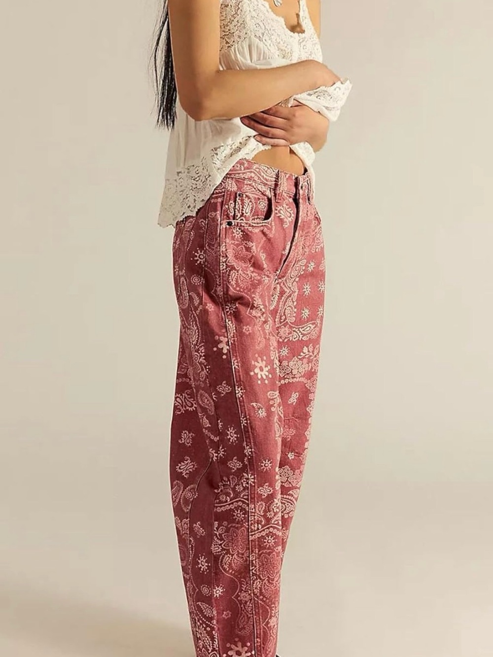 Boutique Red Bandana Paisley Printed Wide Leg Barrel Jeans - Picture 8 of 11